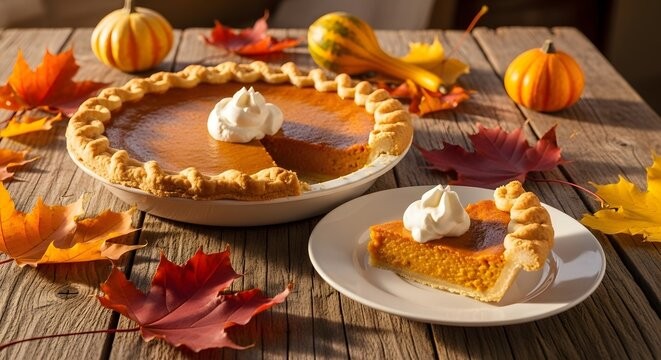 Slice of creamy vanilla pumpkin pie on a rustic wooden table with autumn decor