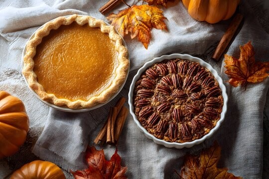 rustic pumpkin pie with caramel drizzle on a wooden table, cozy autumn setting