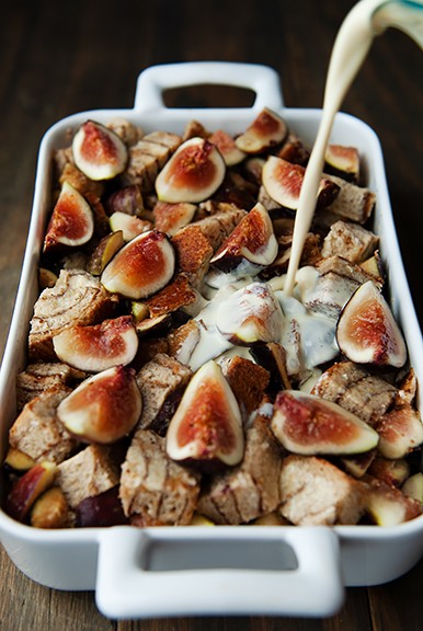 Fig and Balsamic Bread Pudding, golden brown and slightly caramelized