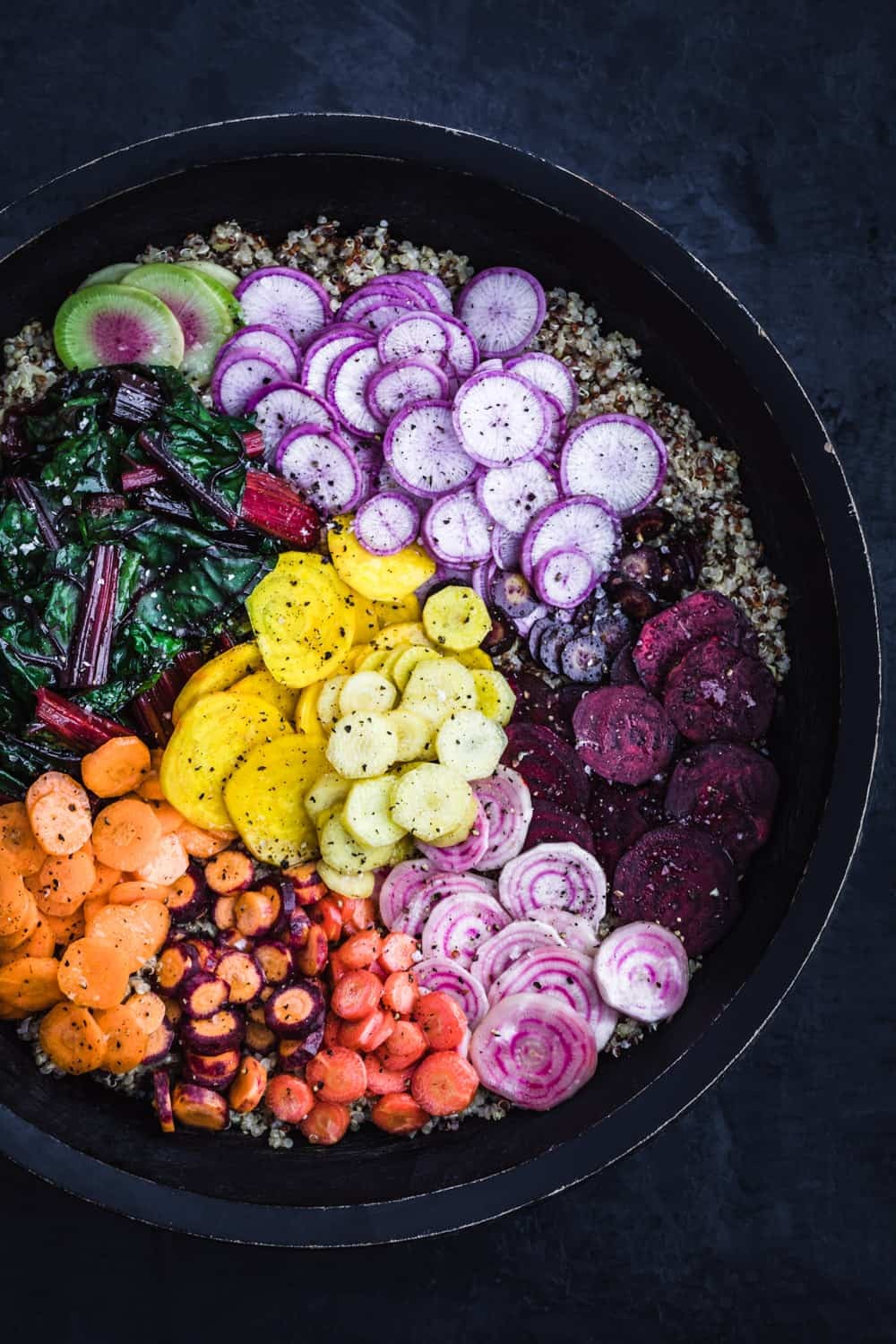 Healthy vibrant rainbow dinner bowl overhead shot