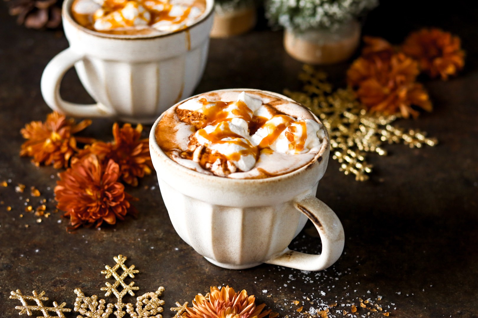 gourmet salted caramel hot chocolate with whipped cream and caramel drizzle