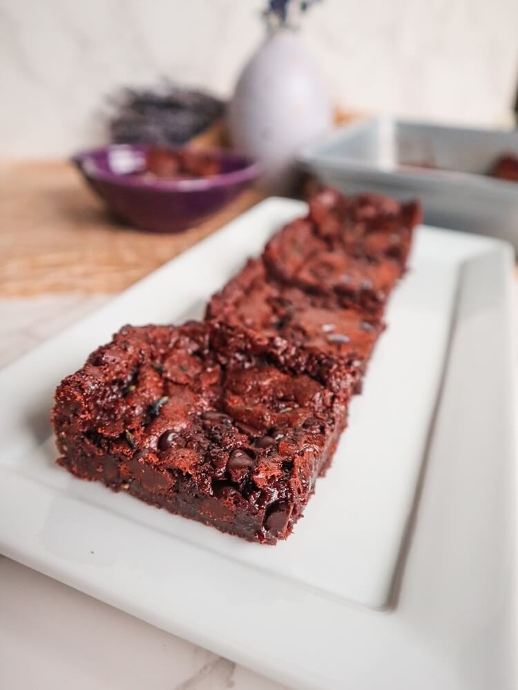lavender vanilla brownies with a dusting of powdered sugar