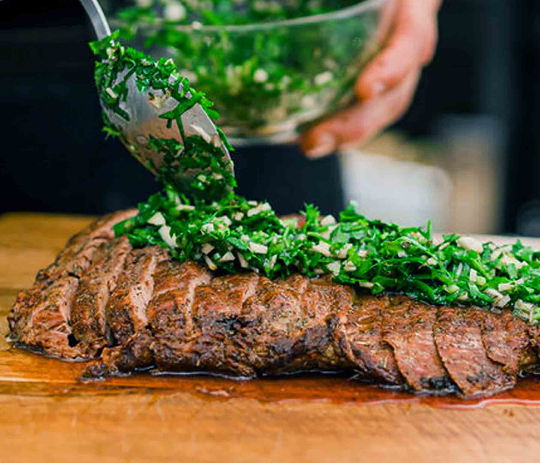 close up of grilled flank steak with Commandaria glaze