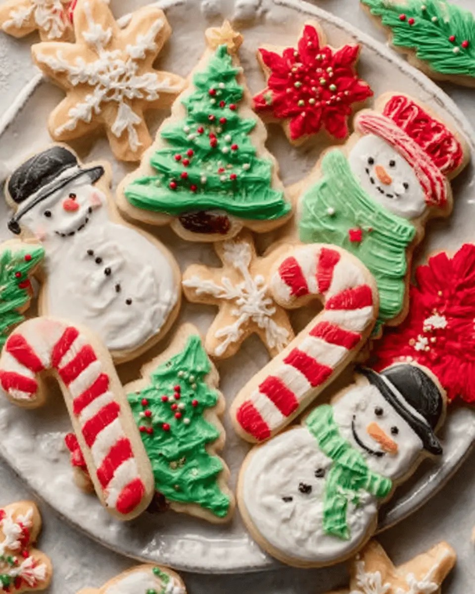 Elegant Christmas sugar cookies with glossy white icing and festive sprinkles, festive kitchen background