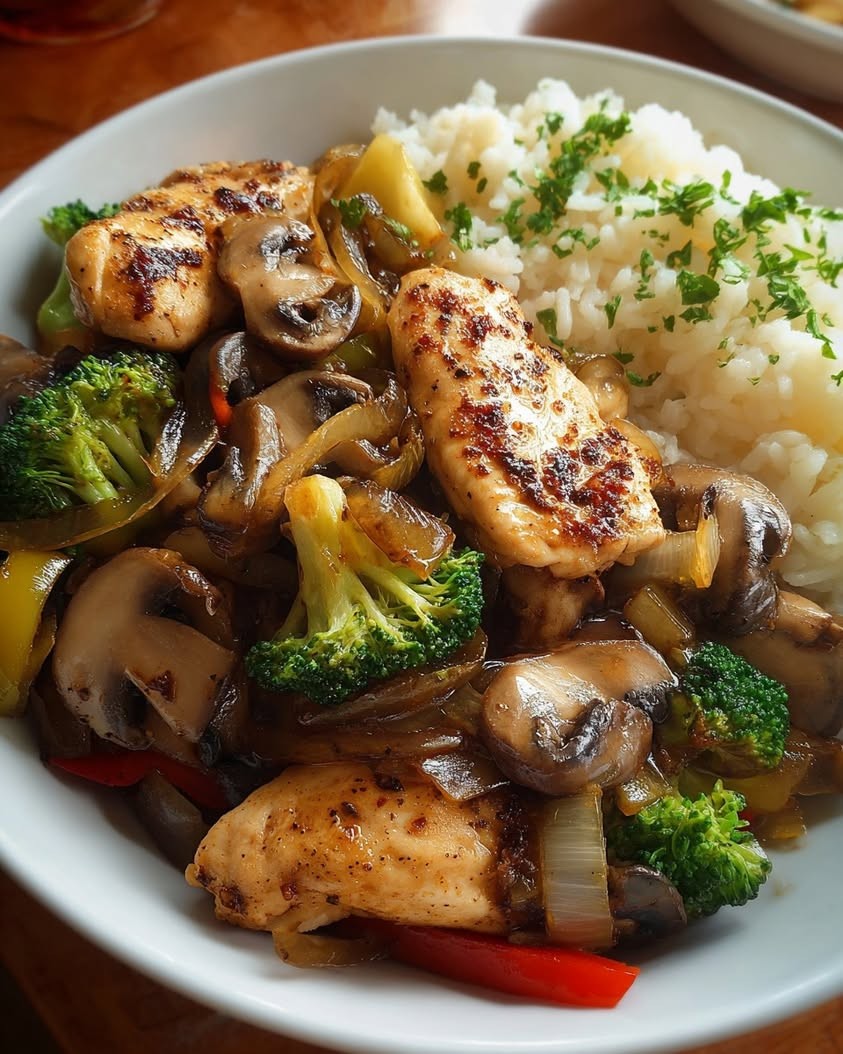 Close-up of a skillet with two perfectly cooked, golden-brown garlic-infused chicken breasts, garnished with fresh parsley, with a side of roasted vegetables in soft focus.