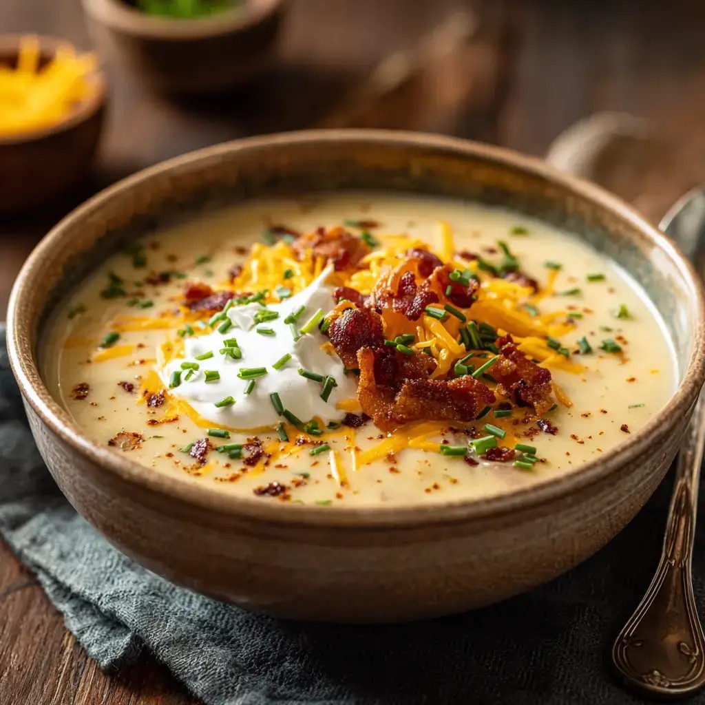 creamy potato soup in a rustic bowl