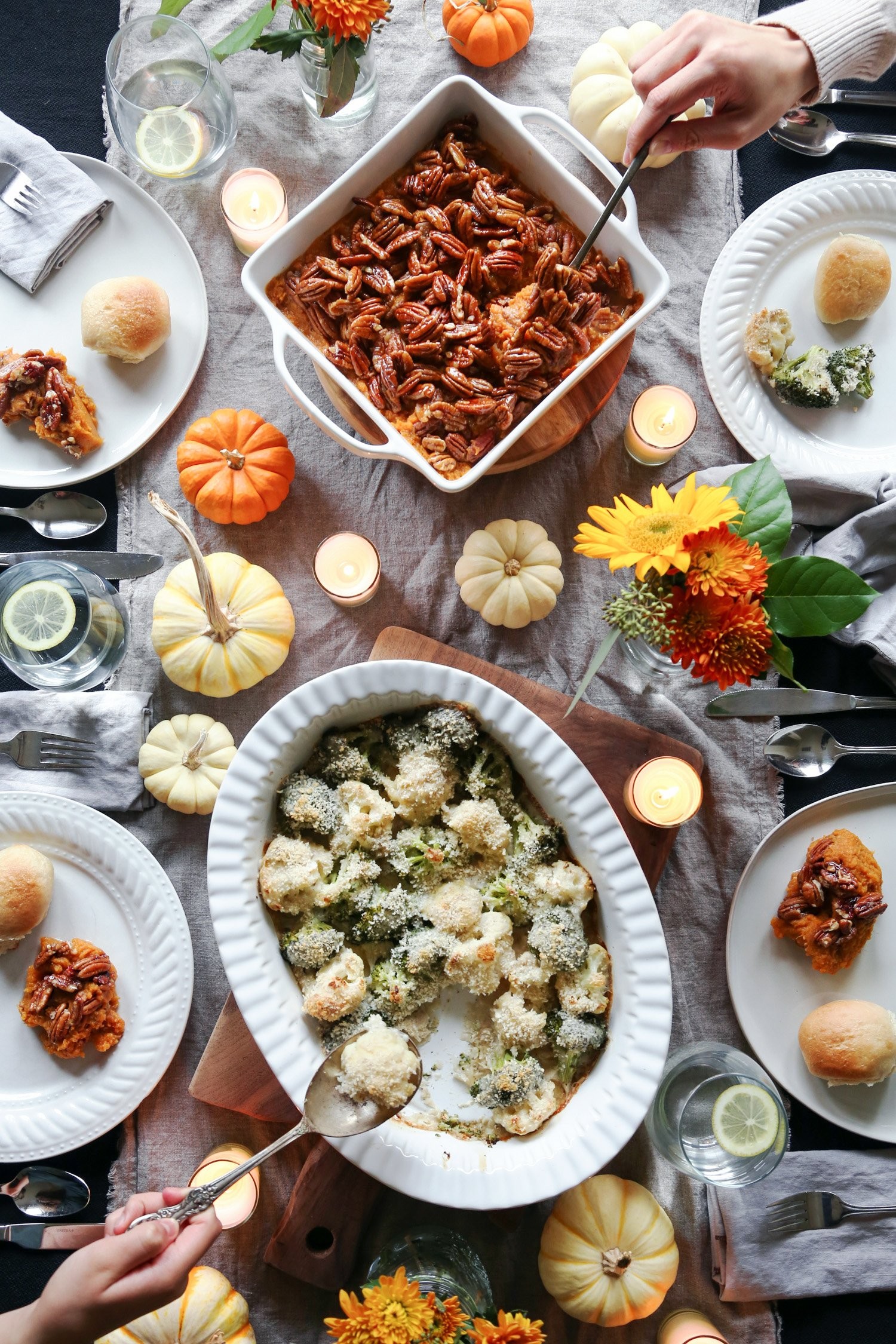 Thanksgiving maple squash gratin main dish, warm lighting, rustic table setting
