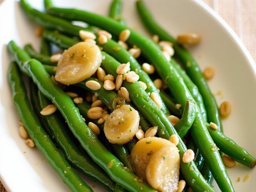 close-up of vibrant butter braised green beans with caramelized shallots in a skillet