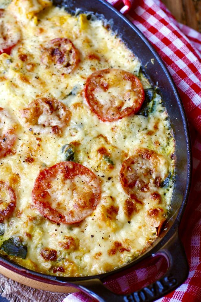 Tomato Zucchini Tarragon Bake golden and bubbly