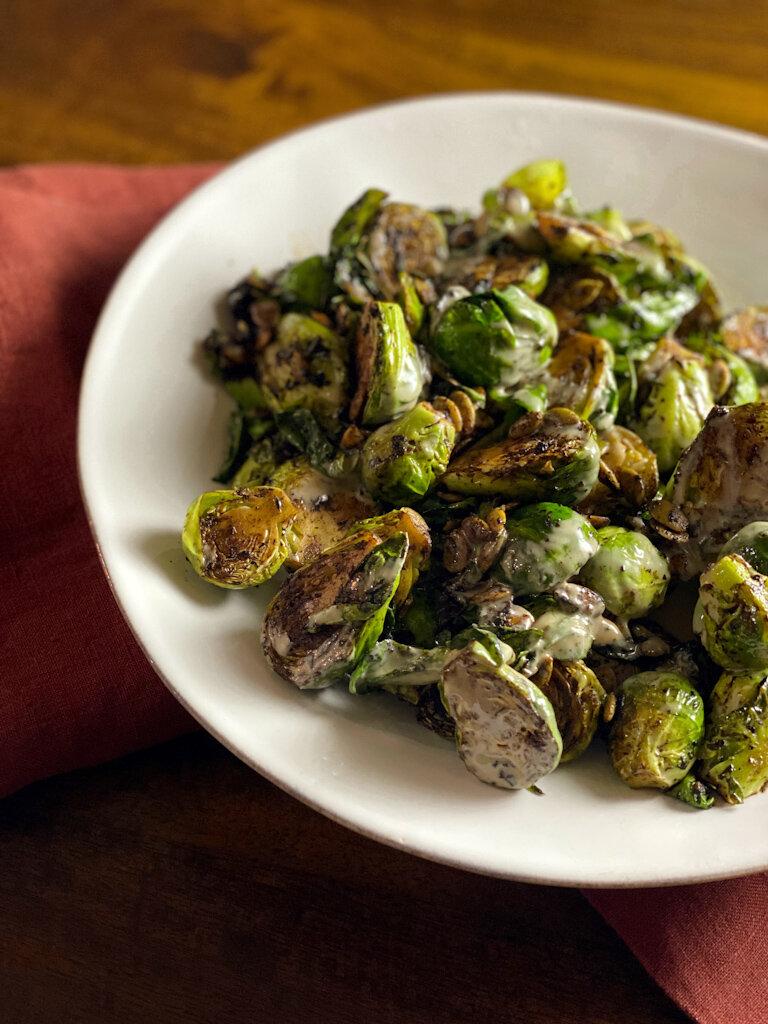 roasted brussels sprouts with black garlic and sesame oil