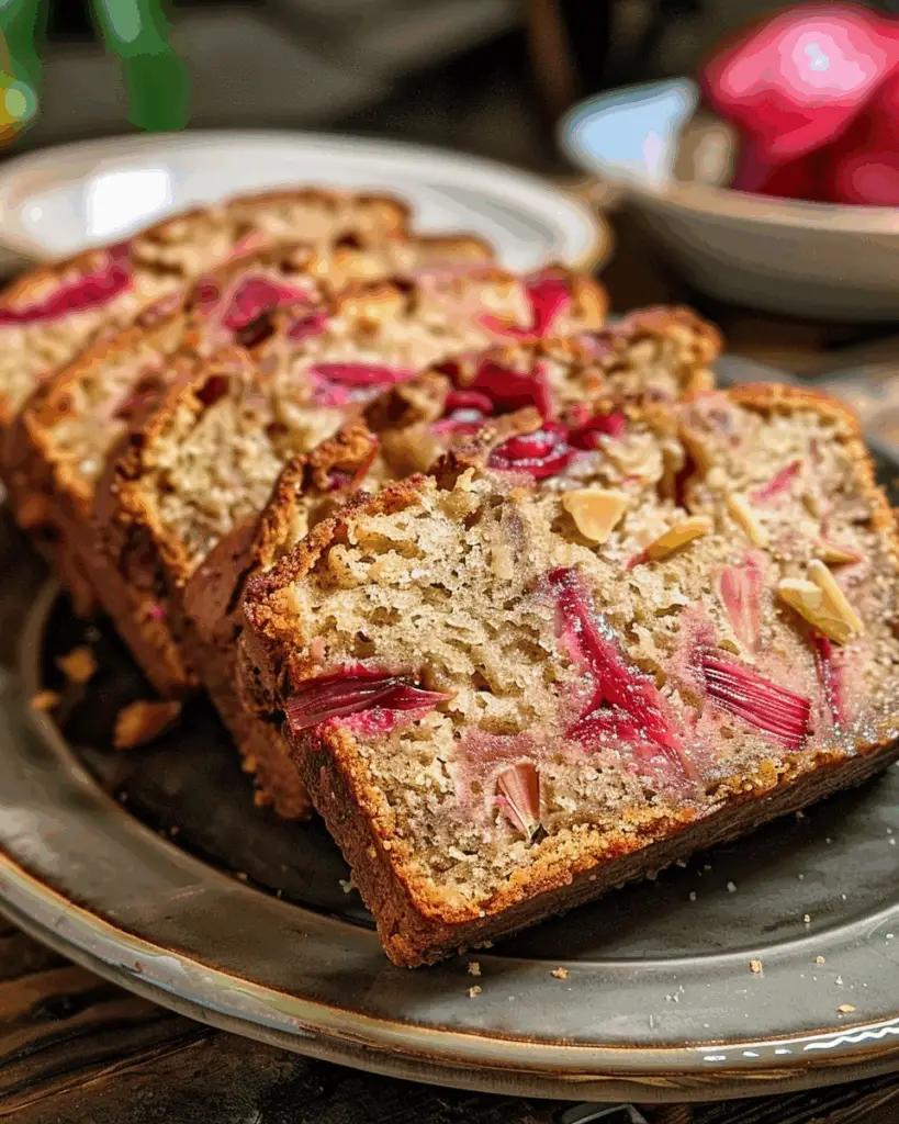 Close-up of a slice of rhubarb bread showing the texture and rhubarb pieces