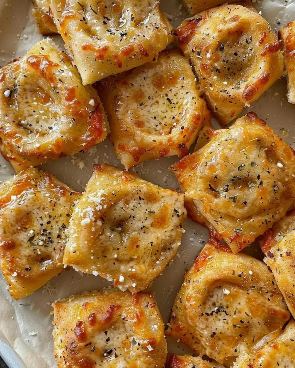 close up of chicken parmesan pizza rolls on a baking sheet with melted cheese
