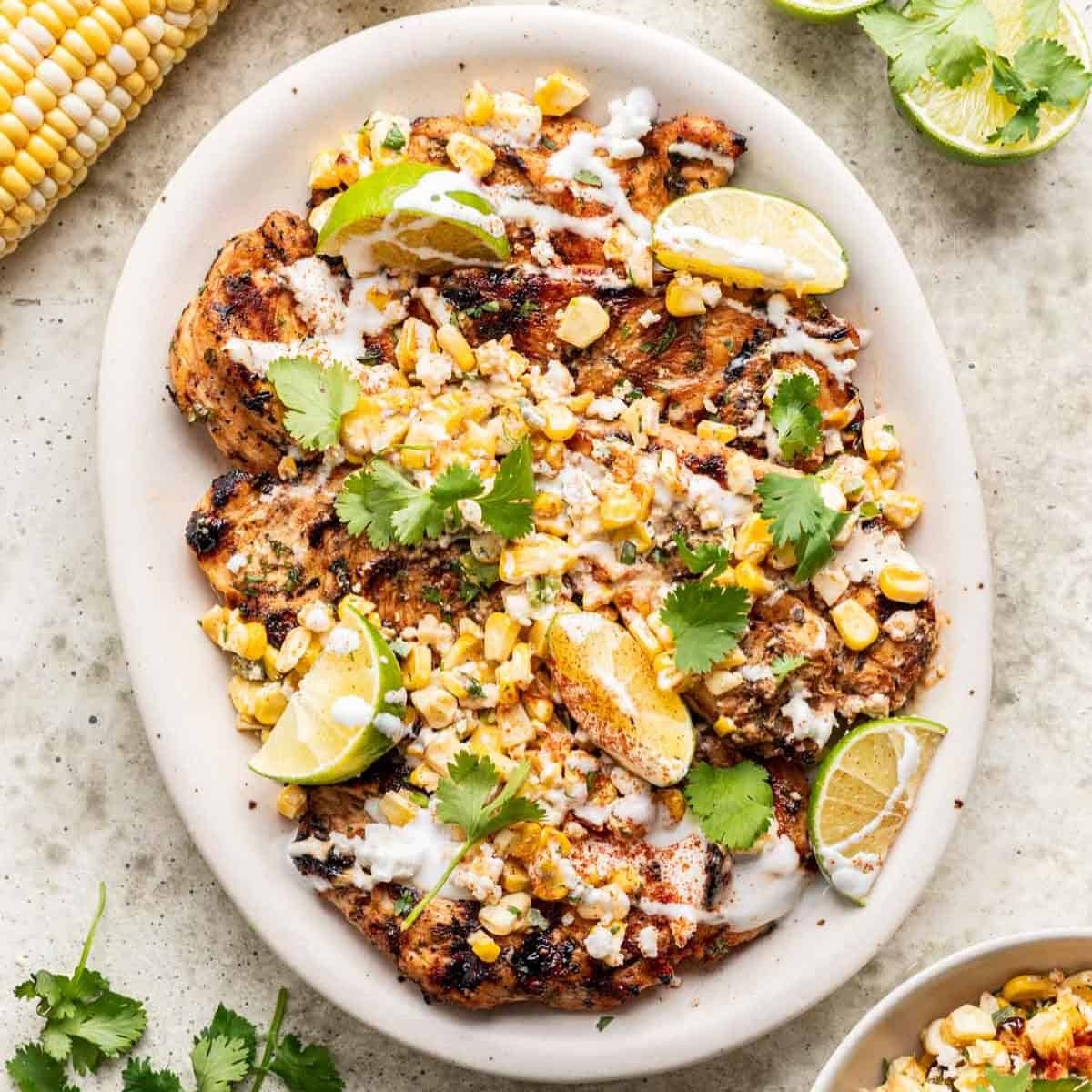 Grilled street corn chicken with cotija cheese and cilantro